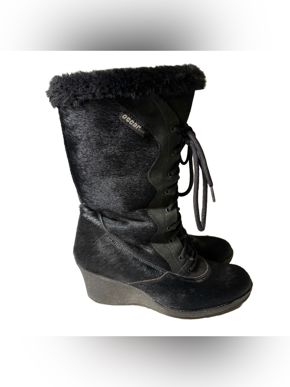 Oscar Sport Apres Black Leather Calf Hair Italian Wedge Heel Boots Women’s EU 38
